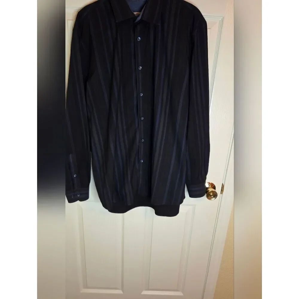 Pronto Uomo XL Striped Black Navy Blue Lngslvs Cotton Blend Buttons Up Men Shirt